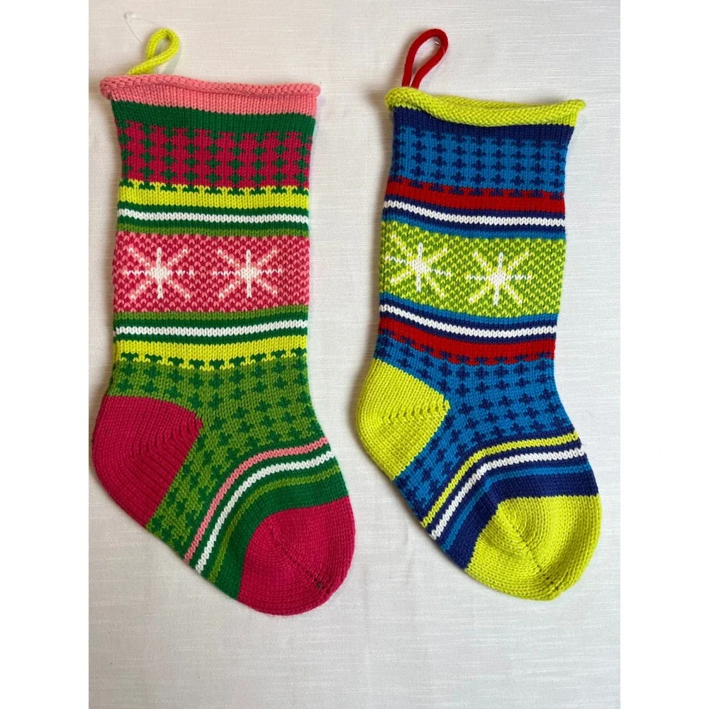 Set of 2 Colorful Knit Christmas Stockings Snowflake Stripes Pink Blue Green